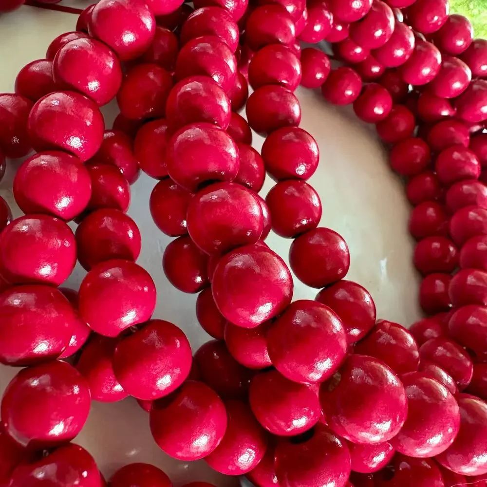 Vintage Bright Red Wooden Bead Garland 12 Ft Rustic Farmhouse Decor